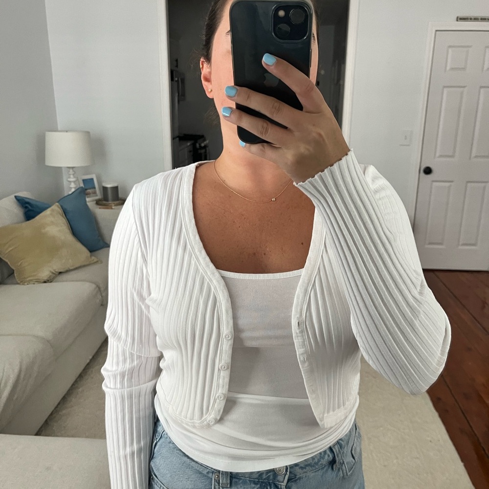 Aerie White Ribbed Cardigan Sweater